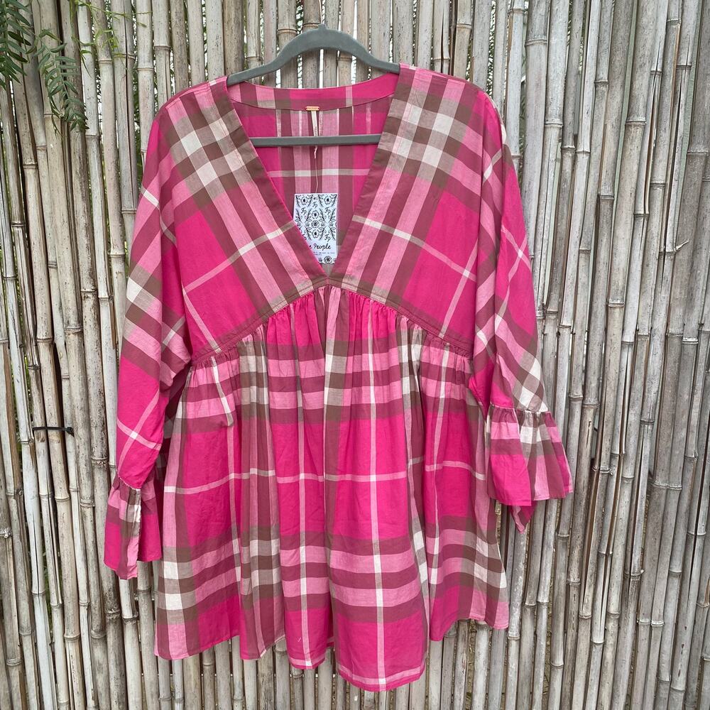Free People Lindsay Women's Plaid Pink Flutter Sleeve Tunic Top Blouse Size XS